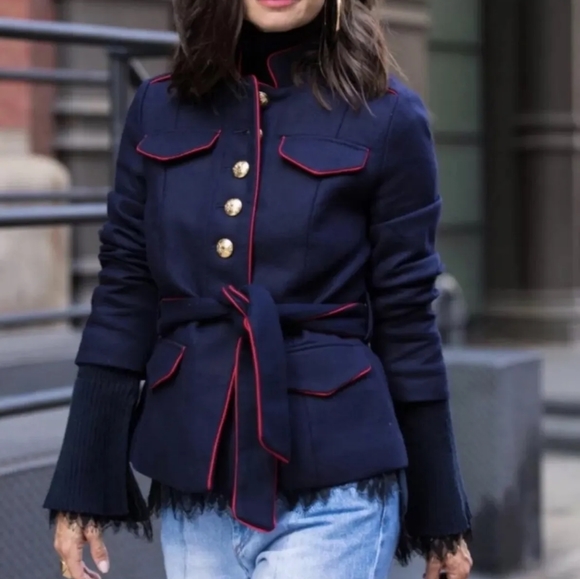 Woman's Banana Republic x Olivia Palermo Belted Military Jacket Navy w/ Red Trim - Picture 15 of 15